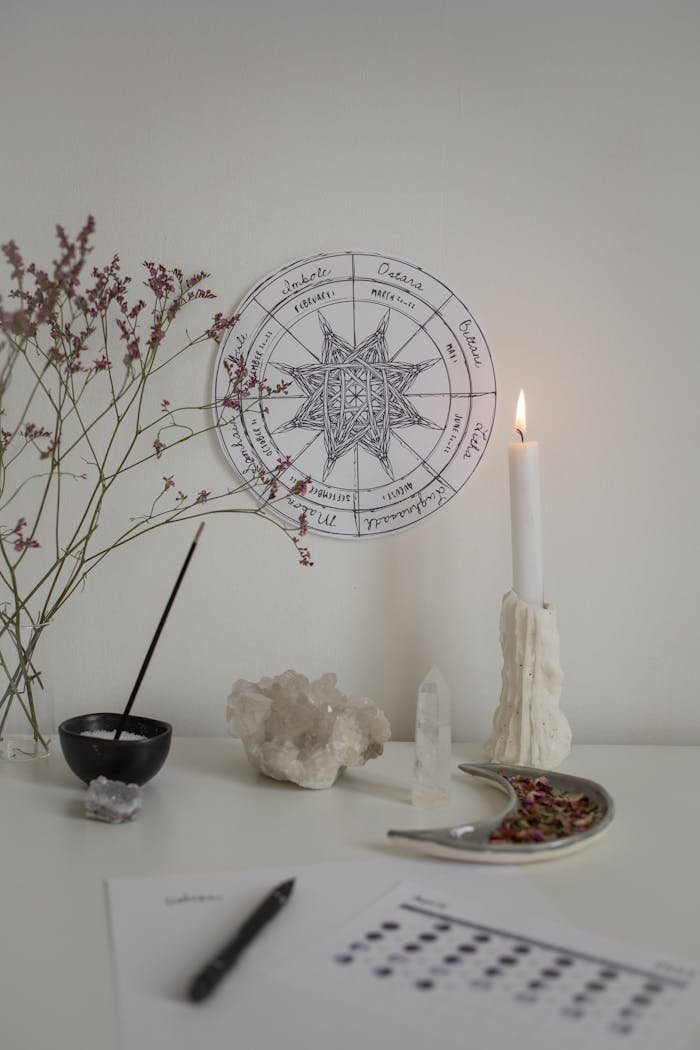 Candle and Flowers on White Desk by Wheel of Year on Wall